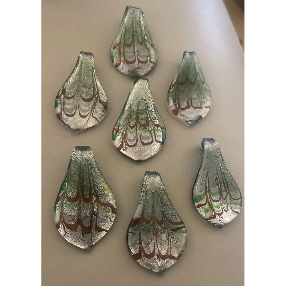 Lot of 3 Fused Glass‎ Pendant Handmade Green Gold Spoon Shape